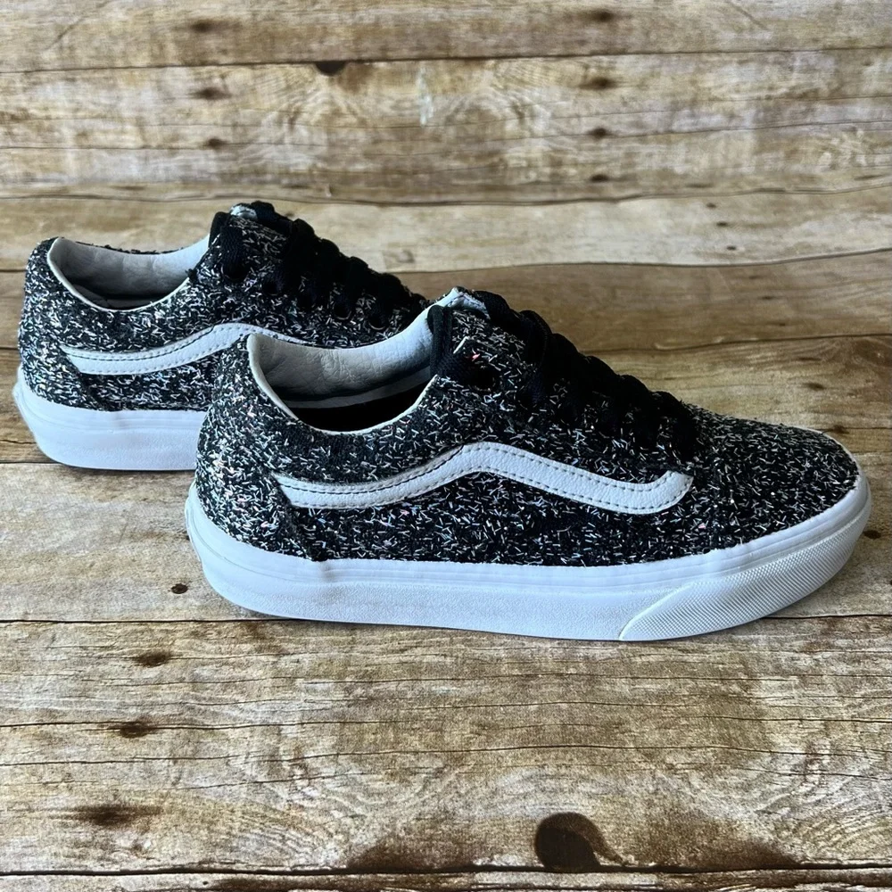 Vans Old Skool Kids Black White Glitter Textured Low Top Sneakers Shoes‎